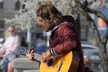 man, young, busker, casual, beard, playing, guitar, acoustic, musical, public, street
