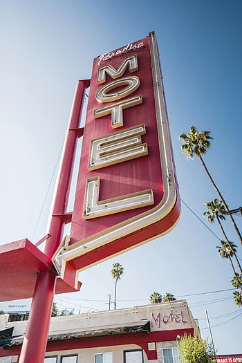 Motel Paradise, Los Angeles, vintage motel cedule, palmy, jasné modré nebe, retro znamení, motel znamení, Motely v Los Angeles, vinobraní znamení, venkovní znamení, Kalifornské motely