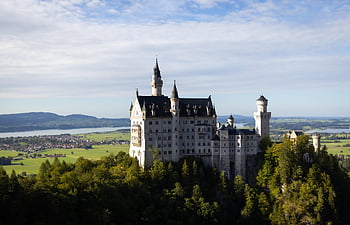 Neuschwanstein, linna, palatsi, rakennus, luonto, satu linna, linnoitus, tornit, arkkitehtuuri, Puut, maisema