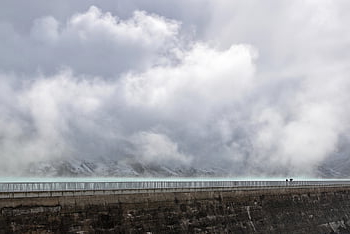 innsjø, dammen veggen, skyer, tåke, snø, demning, fjelllandskap, landskap, vann, natur, scenisk