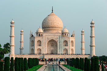 Taj Mahal, čtyři minarety, agra, Kultovní architektura, klidné okolí, ohromující výstřel, bílý mramor, historická památka, Indie, cíl cesty, světového dědictví UNESCO