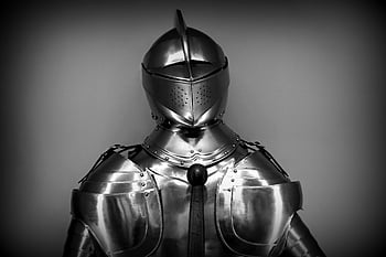 gray scale photography, knight armor, vintage medieval, close-up shot, monochrome, medieval knight, armor details, historical costume, black and white, medieval history, knight helmet