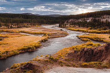 river, sunset, autumn, fantasy, nature, ai Generated
