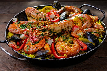 seafood paella, close-up, prawns, mussels, vegetables, colorful, pan, Spanish dish, rice, seafood, paella