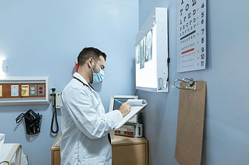 doctor, medical chart, X-ray, hospital room, healthcare professionalism, medical expert, writing, analysis, healthcare, medical coat, mask