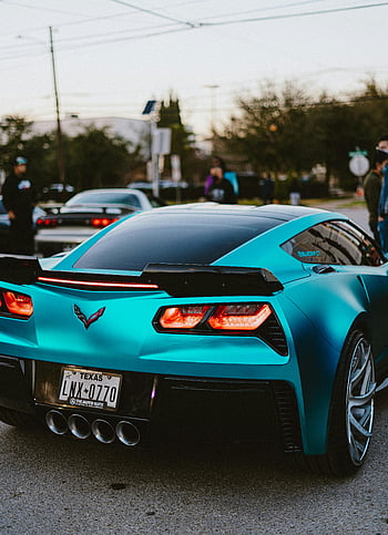 Μπλε Corvette, supercar, αστικό δρόμο, αυτοκίνητο πολυτελείας, οχήματα ηλεκτρικού ρεύματος, μπλε αυτοκίνητο, σταθμευμένο αυτοκίνητο, διάρκεια της ημέρας, Πινακίδα κυκλοφορίας του Τέξας, εντυπωσιακό μπλε, πίσω όψη