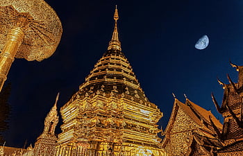 Wat Phra That Doi Suthep, Chiang Mai, Thailand, night sky, majestic temple, golden temple, moonlit night, traditional architecture, religious site