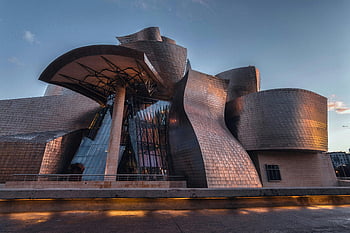 muzeum guggenheim bilbao, moderní architektura, západ slunce, nádherný výhled, bilbao, Španělsko, moderní design, upřímný gehry, kultovní budova, muzeum umění, architektonické mezník