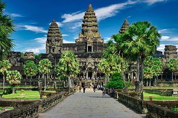 angkor wat, Buddha Temppeli, Kambodza, Historiallinen sivusto, matkakohde, palmuja, antiikin arkkitehtuuri, kivirakenne, sinitaivas, turistit, kulttuurinen maamerkki