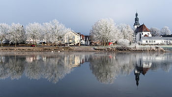 kostel, řeky, jezero, zimní, krajina, stromy, sníh, Studený, mráz, zamrzlý, odraz