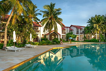 Bílé a hnědé vily, plavecký bazén, tropický resort, palmy, Nastavení bazénu, Luxusní dovolená, volný čas a relaxace, venkovní salonek, Obrácení letoviska, prázdninové destinace, Tropický útěk