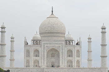 Taj Mahal, Agra, India, white concrete dome, white sky, majestic dome, minarets, stunning view, historical monument, architectural marvel, white marble