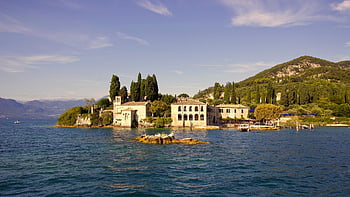 lake, house, trees, forest, woods, coast, shore, lake Of Garda, punta San Vigilio, garda, italy