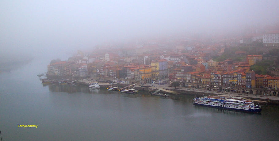 River Douro, Porto, Portugal, Spring 2015, fog, boats, waterfront, cityscape, historic buildings, mist, reflections