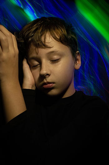boy, teen, person, lights, sleep, dream, electricity, neon, dye, glare, fantasy