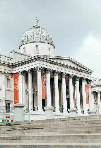 národní galerie, Londýn, čelní pohled, Kultovní architektura, zatažená obloha, muzeum, kroky, sloupců, kupole, galerie umění, Spojené království