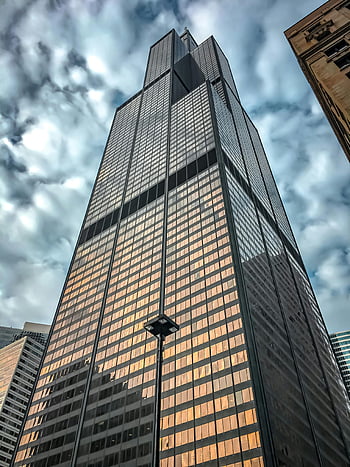 willis věž, Chicago, nízký úhel záběru, dramatické mraky, zatažená obloha, mrakodrap, městskou architekturu, panoráma města, moderní budova, vysoká budova, centrální chicago