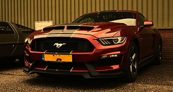 Shelby Ford Mustang, red Ford Mustang, racing stripes, parked outdoors, iconic car, classic Mustang, Ford Mustang GT, sports car, American muscle car, car enthusiasts, outdoor parking