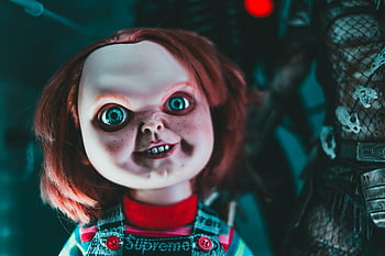 menacing doll, blue eyes, freckles, red hair, horror theme, close-up, scary doll, horror doll, creepy doll, horror movie, scary face