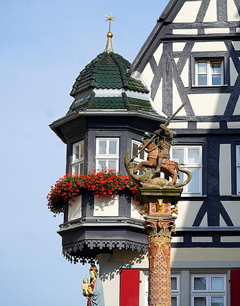 bay Window, half-timbered House, building, truss, old Building, architecture, historical, statue, sculpture, monument, old Town