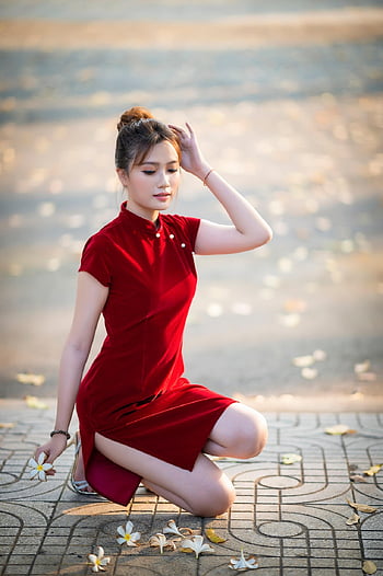 유행, Cheongsam, 여자, 베트남 사람, 아시아 사람, 빨간 치파오, 드레스, 아름다움, 아름다운, 예쁜, 소녀