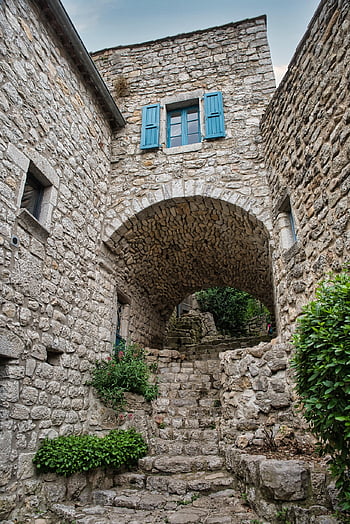 město, Středověká fasáda, architektura, domy, střecha, zvonice, Skála, útes, schody