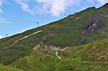 lanovka, náklon, hora, chata, vysokohorský, mládí, strmé, skály, švýcarský, okraj, krajina hor