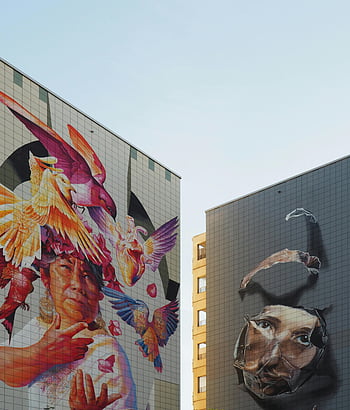 Murales di Berlino, murali colorati, murales di edifici, ritratti artistici di uccelli, Ritratti umani, arte di strada, arte urbana, cielo sereno, murales all'aperto, Berlin Street Art, arte murale