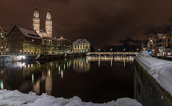 zurich, winter, limmat, city, houses, water, night, snow, reflection, historic Center, lights