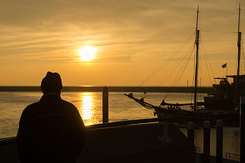 apus de soare, doc, siluetă, om, mare, barcă, fundal, seară, malul mării, port, liniște