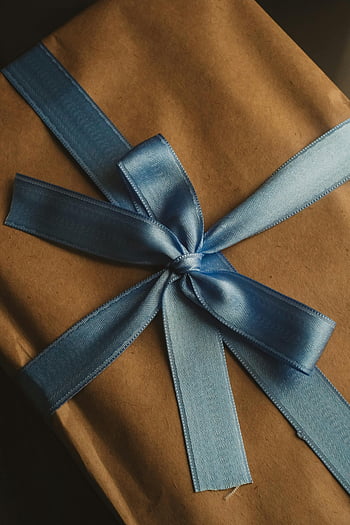 gift wrapping, brown paper, blue satin ribbon, close-up gift, special occasions, ribbon tied, gift bow, wrapped gift, festive gift, elegant gift, gift presentation