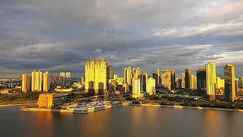 city, buildings, skyline, skyscrapers, waterfront, sea, bay, urban, district, downtown, songdo