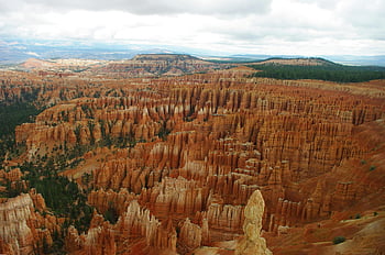 Bryce Canyon National Park, hoodoos, rock formations, trees, erosion, natural beauty, cloudy sky, breathtaking view, landscape, outdoor scenery, nature photography