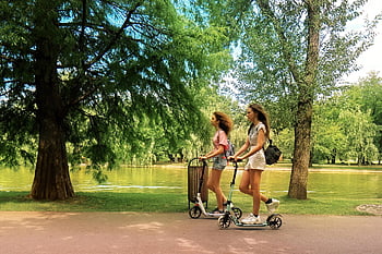 girls, walking, electric Scooters, alley, parka, nature, lakeshore, lake, trees, relaxation, lifestyle