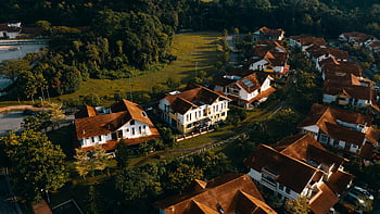 letecký pohled, vesnice, příměstské domy, červené střechy, zeleň, západ slunce, obytné oblasti, sousedství, venkov, krajina, Příroda