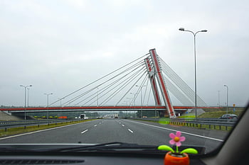 suspension bridge, cable-stayed bridge, highway, driving, road, bustling highway, bridge ahead, car view, traffic, modern bridge, infrastructure