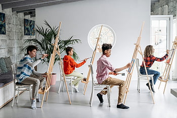 kids painting class, young students, art class, indoor painting, easels, children painting, art education, creative class, kids art, classroom art, focused students