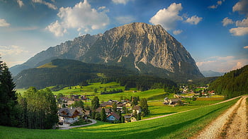 munţi, oraș, sat, case, copaci, păduri, câmpuri, pajiști, muntos, peisaj montan, rural