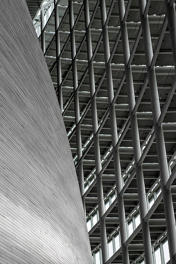 photo monochrome, motif géométrique, façade architecturale en niveaux de gris, Strasbourg, motifs géométriques complexes, lignes verticales, architecture moderne, noir et blanc, conception architecturale, photographie urbaine, éléments structurels