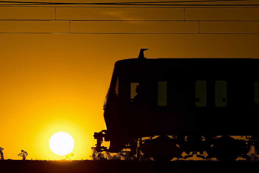 sunset, train, silhouette, railway, Nagoya, Meitetsu, 5000 series, Kasamatsu, Kiso River, backlit, landscape