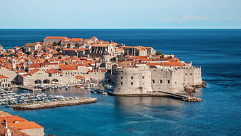 Dubrovnik, old town, harbor, historical architecture, aerial shot, Croatia, coastal city, red roofs, Mediterranean, fortress, marina