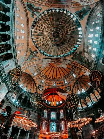 Hagia Sophia, velká mešita, Istanbul, Interiér Dome, strop, Podrobný pohled, Ohromující kupole, mešita architektura, náboženské architektury, historické budovy, lustry