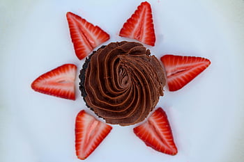 Brown Cupcake, chocolate cupcake, swirl icing, fresh strawberries, top view, dessert, sweet treat, bakery, cake, icing, strawberries