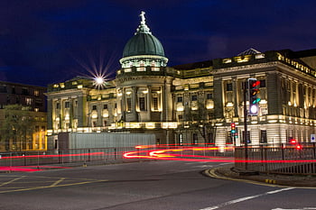 knihovna mitchell, Glasgow, Skotsko, noční fotografie, pruhy semaforu, jasně osvětlené, historické budovy, panoráma města, městské scény, architektonická fotografie, kopulovitá konstrukce