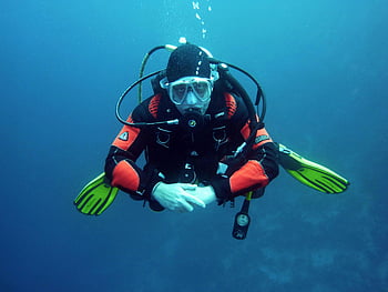 diver, drysuit, scuba gear, ocean depths, underwater exploration, blue water, black orange suit, full scuba, diving, scuba diving, deep sea