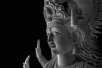 grayscale photo, statue, Hindu goddess, black and white, detailed close-up, intricately carved, religious art, cultural sculpture, spiritual figure, monochrome image, divine representation