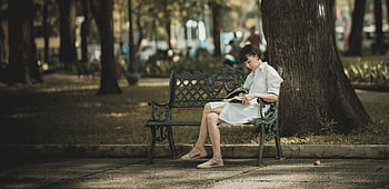 woman reading, metal bench, park setting, serene environment, outdoor reading, woman on bench, park bench, reading book, peaceful park, woman enjoying book, tree-lined park