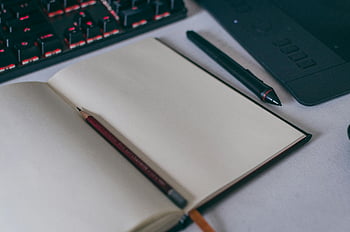 matita, Taccuino vuoto, apri il quaderno, progetti creativi, Scrivere concetti, scrivania, stilo, tastiera, spazio di lavoro, Stazionario, Strumenti di produttività