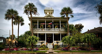 historic mansion, lush gardens, palm trees, Galveston Texas, white painted structure, stunning view, historic home, tropical landscaping, southern architecture, vintage house, floral garden
