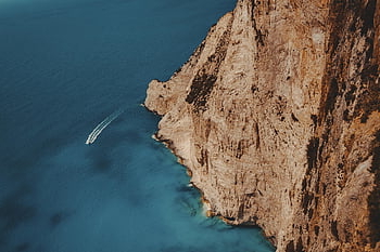 boat, vessel, waves, rocks, cliff, zakynthos, greece, travel, nature, holiday, ocean